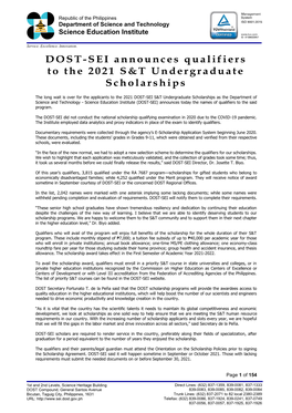 DOST-SEI Announces Qualifiers to the 2021 S&T Undergraduate