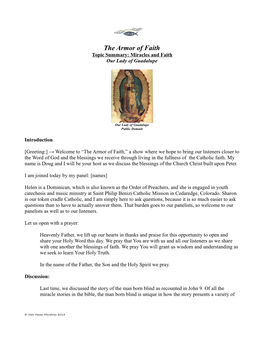 The Armor of Faith Topic Summary: Miracles and Faith Our Lady of Guadalupe