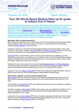 ISU World Speed Skating Championships Please Visit the Championships Page on ISU.Org