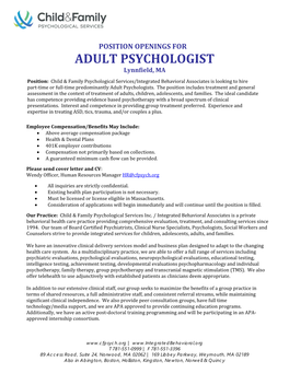 ADULT PSYCHOLOGIST Lynnfield, MA