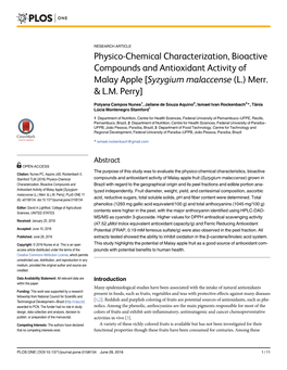 Physico-Chemical Characterization, Bioactive Compounds and Antioxidant Activity of Malay Apple [Syzygium Malaccense (L.) Merr