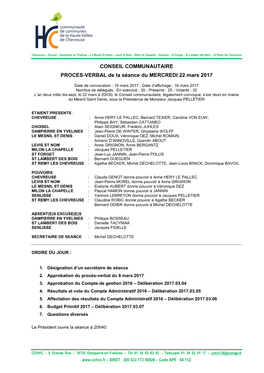 CONSEIL COMMUNAUTAIRE PROCES-VERBAL De La Séance Du MERCREDI 22 Mars 2017