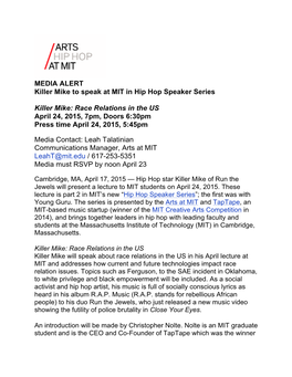 Hip Hop Star Killer Mike of Run the Jewels Will Present a Lecture to MIT Students on April 24, 2015