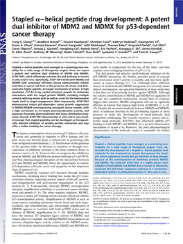 Stapled Α−Helical Peptide Drug Development: a Potent PNAS PLUS Dual Inhibitor of MDM2 and MDMX for P53-Dependent Cancer Therapy