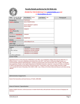 Faculty Details Proforma for DU Web-Site