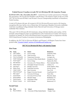 United Soccer Coaches Reveals NCAA Division III All-America Teams KANSAS CITY, Mo