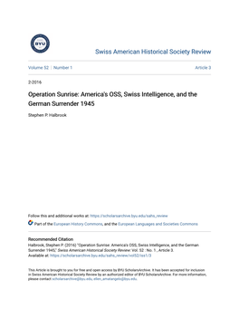 Operation Sunrise: America's OSS, Swiss Intelligence, and the German Surrender 1945
