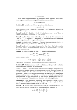 Binary Opera- Tions, Magmas, Monoids, Groups, Rings, ﬁelds and Their Homomorphisms