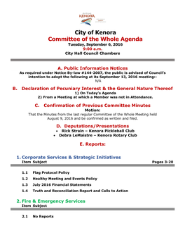City of Kenora Committee of the Whole Agenda Tuesday, September 6, 2016 9:00 A.M