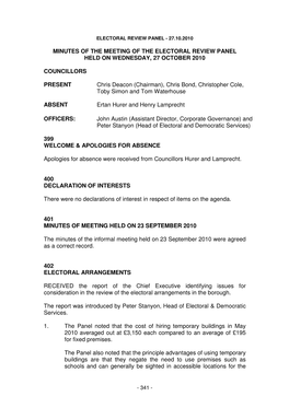 Minutes of the Meeting of the Electoral Review Panel Held on Wednesday, 27 October 2010