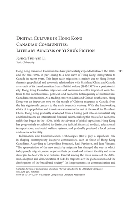 Digital Culture in Hong Kong Canadian Communities: Literary Analysis of Yi Shu’S Fiction Jessica Tsui-Yan Li York University
