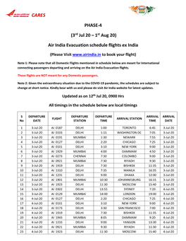 CARES Air India Evacuation Schedule Flights Arrival Into India Ex Foreign Stations