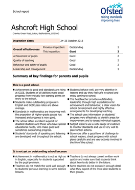 Ashcroft High School Crawley Green Road, Luton, Bedfordshire, LU2 9AG