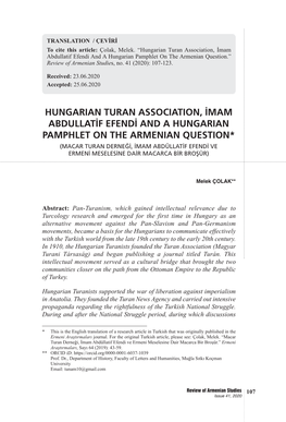 Hungarian Turan Association, İmam Abdullatif Efendi and a Hungarian Pamphlet on the Armenian Question.” Review of Armenian Studies, No