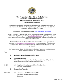 GENERAL COMMITTEE AGENDA Regular, Monday, August 10, 2020 Electronic Participation