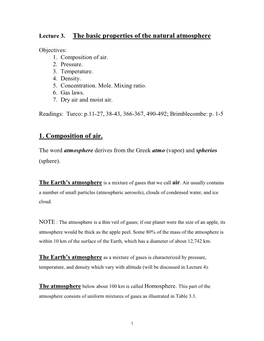 Lecture 3. the Basic Properties of the Natural Atmosphere 1. Composition