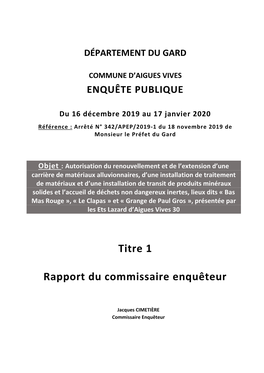 Titre 1 Rapport Du Commissaire Enquêteur