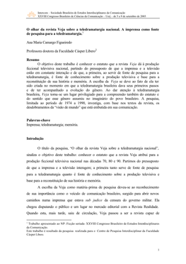 O Olhar Da Revista Veja Sobre a Teledramaturgia Nacional. a Imprensa Como Fonte De Pesquisa Para a Teledramaturgia.1