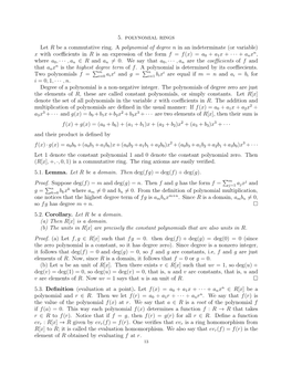 5. Polynomial Rings Let R Be a Commutative Ring. a Polynomial of Degree N in an Indeterminate (Or Variable) X with Coefficients