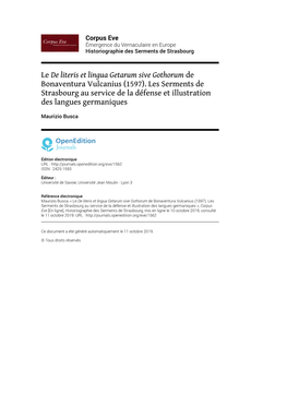 Corpus Eve , Historiographie Des Serments De Strasbourg Le De Literis Et Lingua Getarum Sive Gothorum De Bonaventura Vulcanius (1597)
