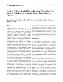 Nuclear Proliferation in Plain Sight: Japan’S Plutonium Fuel Cycle–A Technical and Economic Failure but a Strategic Success