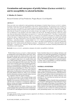 Germination and Emergence of Prickly Lettuce (Lactuca Serriola L.) and Its Susceptibility to Selected Herbicides