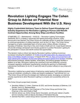 Revolution Lighting Engages the Cohen Group to Advise on Potential New Business Development with the U.S. Navy