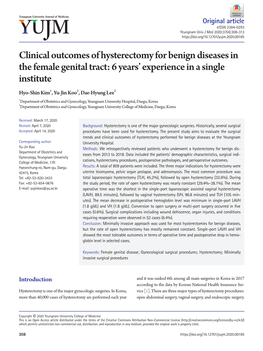 Clinical Outcomes of Hysterectomy for Benign Diseases in the Female Genital Tract