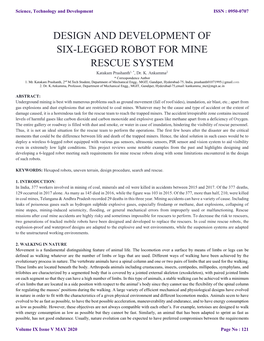 DESIGN and DEVELOPMENT of SIX-LEGGED ROBOT for MINE RESCUE SYSTEM 1, * 2 Katakam Prashanth , Dr
