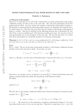 Monic Polynomials in $ Z [X] $ with Roots in the Unit Disc