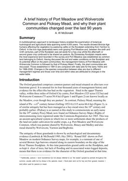 A Brief History of Port Meadow and Wolvercote Common and Picksey Mead, and Why Their Plant Communities Changed Over the Last 90 Years A