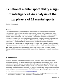 Is National Mental Sport Ability a Sign of Intelligence? an Analysis of the Top Players of 12 Mental Sports