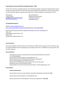 Copa Rayados Internacional 2016 the Woodlands Report- FINAL Premier Soccer Services, Managing Company, and CF Monterrey Rayados