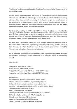 This Letter of Condolences Is Addressed to Theodore's Family, on Behalf of the Community of Greek ERC Grantees. We Are Deeply