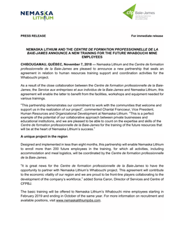 Nemaska Lithium and the Centre De Formation Professionnelle De La Baie-James Announce a New Training for the Future Whabouchi Mine Employees