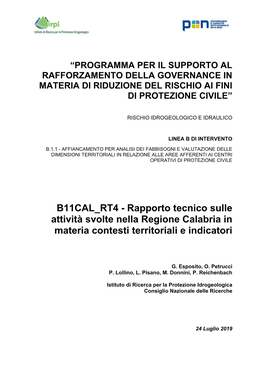 Rapporto Tecnico Sulle Attività Svolte Nella Regione Calabria in Materia Contesti Territoriali E Indicatori