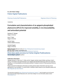 Formulation and Characterization of an Apigenin-Phospholipid Phytosome (APLC) for Improved Solubility, in Vivo Bioavailability, and Antioxidant Potential