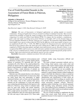 Use of Field Recorded Sounds in the Assessment of Forest Birds in Palawan, Philippines ______Required in the Field [19]