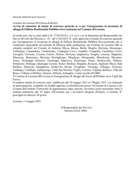 Comune Di Lessona (Provincia Di Biella) Avviso Di Emissione Di Bando Di Concorso Generale N