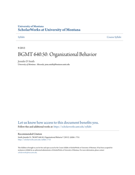 BGMT 640.50: Organizational Behavior Jennifer D