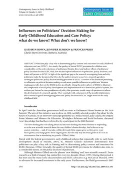 Influences on Politicians' Decision Making for Early Childhood