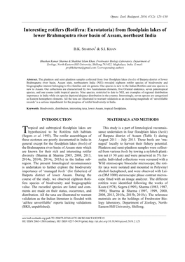 Interesting Rotifers (Rotifera: Eurotatoria) from Floodplain Lakes of Lower Brahmaputra River Basin of Assam, Northeast India