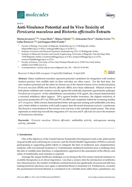 Anti-Virulence Potential and in Vivo Toxicity of Persicaria Maculosa and Bistorta Officinalis Extracts