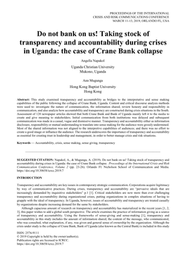 Do Not Bank on Us! Taking Stock of Transparency and Accountability During Crises in Uganda: the Case of Crane Bank Collapse