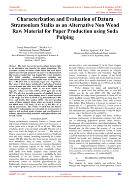 Characterization and Evaluation of Datura Stramonium Stalks As an Alternative Non Wood Raw Material for Paper Production Using Soda Pulping