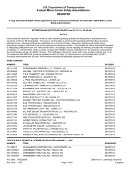 U.S. Department of Transportation Federal Motor Carrier Safety Administration REGISTER