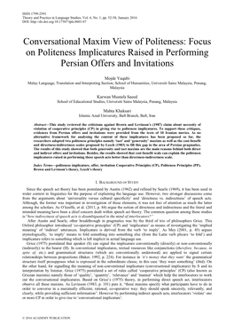 Conversational Maxim View of Politeness: Focus on Politeness Implicatures Raised in Performing Persian Offers and Invitations