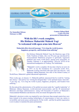 With His Life's Work Complete, His Holiness Maharishi Mahesh Yogi