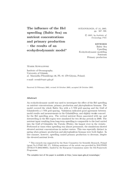 (Baltic Sea) on Nutrient Concentrations and Primary Production