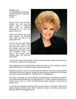 BRENDA LEE by Tamela Meredith Partridge “Herald & Review” Newspaper Decatur, IL